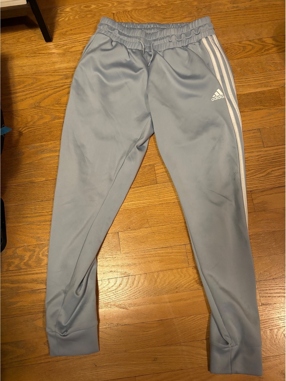 Adidas Men's Light Blue Track Pants with White Stripes Size